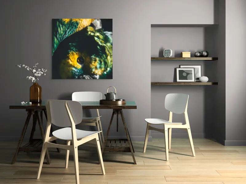 Tablou Canvas, "Îmbrățișarea misterioasă a papagalilor vibranți", Colorat, Plumaj, Contrast, Ochii, Frumos, Dinamic, Natural, Împerechere, 100 x 100 cm – poza 6