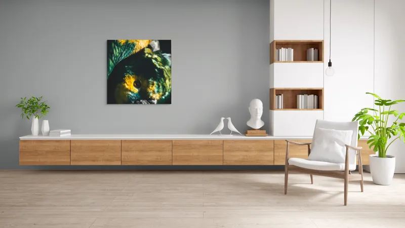 Tablou Canvas, "Îmbrățișarea misterioasă a papagalilor vibranți", Colorat, Plumaj, Contrast, Ochii, Frumos, Dinamic, Natural, Împerechere, 100 x 100 cm – poza 8