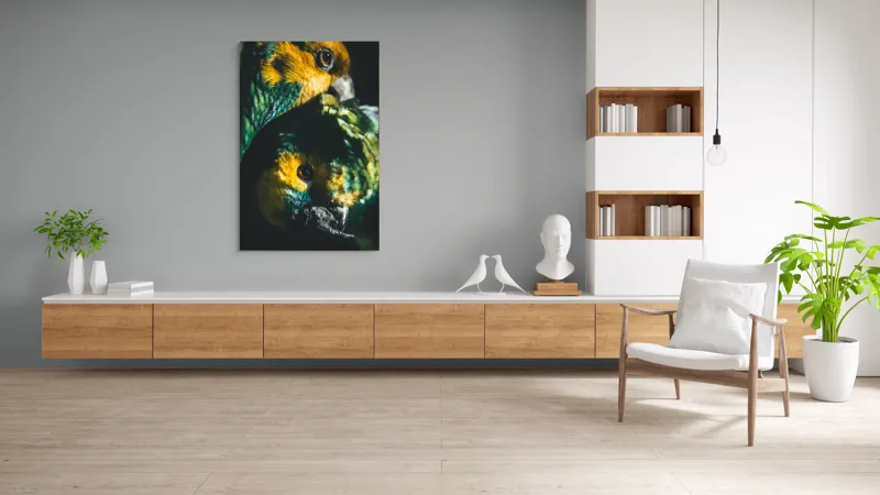 Tablou Canvas, "Îmbrățișarea misterioasă a papagalilor vibranți", Colorat, Plumaj, Contrast, Ochii, Frumos, Dinamic, Natural, Împerechere, 100 x 150 cm – poza 8