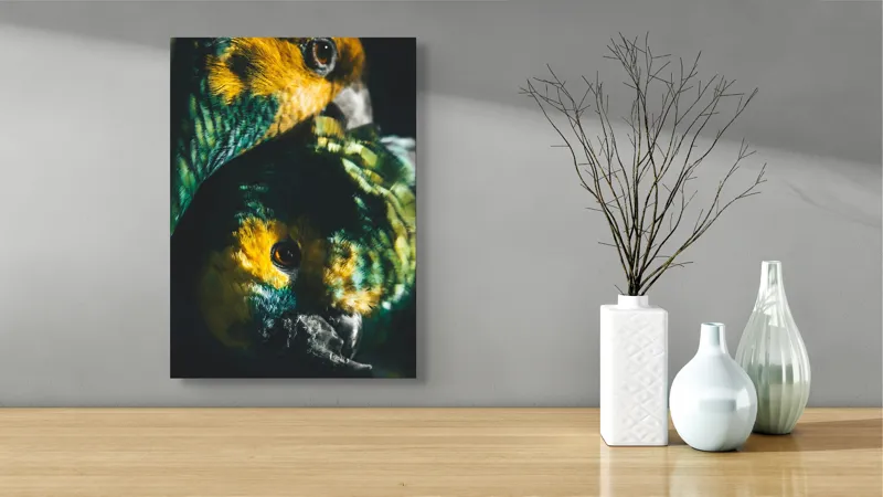 Tablou Canvas, "Îmbrățișarea misterioasă a papagalilor vibranți", Colorat, Plumaj, Contrast, Ochii, Frumos, Dinamic, Natural, Împerechere, 39 x 54 cm – poza 4
