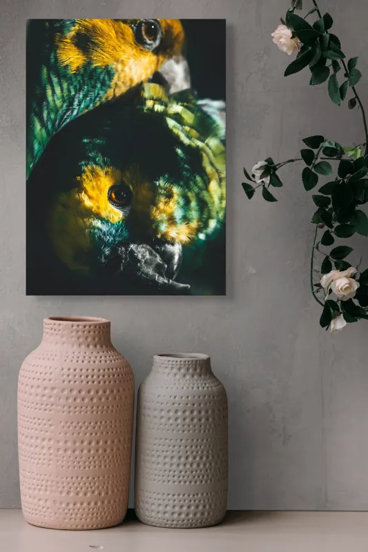 Tablou Canvas, "Îmbrățișarea misterioasă a papagalilor vibranți", Colorat, Plumaj, Contrast, Ochii, Frumos, Dinamic, Natural, Împerechere, 39 x 54 cm – poza 6