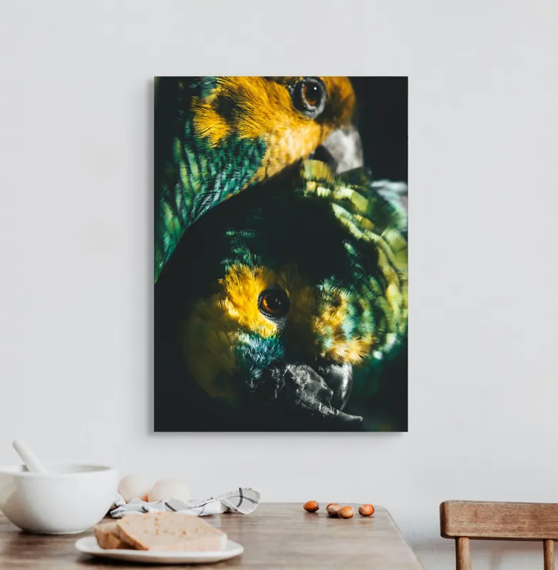 Tablou Canvas, "Îmbrățișarea misterioasă a papagalilor vibranți", Colorat, Plumaj, Contrast, Ochii, Frumos, Dinamic, Natural, Împerechere, 50 x 70 cm – poza 3
