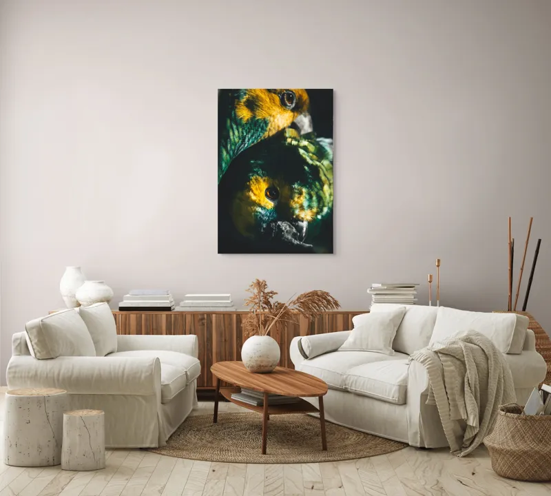 Tablou Canvas, "Îmbrățișarea misterioasă a papagalilor vibranți", Colorat, Plumaj, Contrast, Ochii, Frumos, Dinamic, Natural, Împerechere, 70 x 100 cm – poza 4