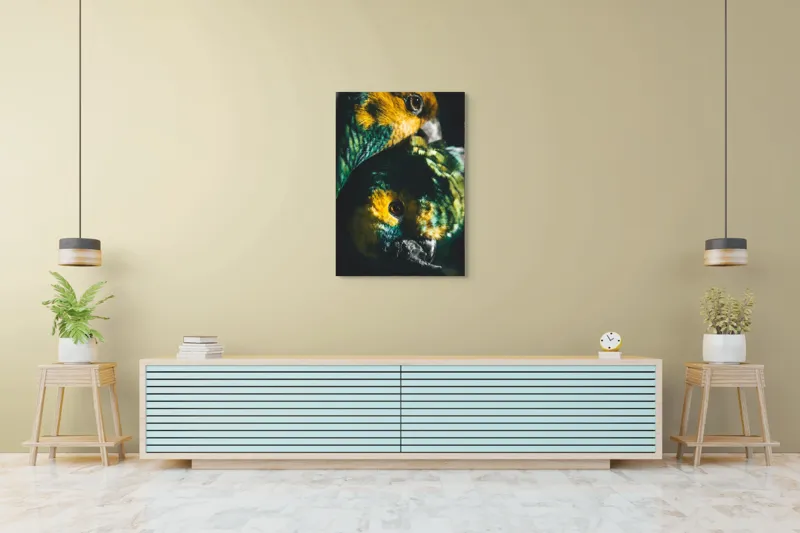 Tablou Canvas, "Îmbrățișarea misterioasă a papagalilor vibranți", Colorat, Plumaj, Contrast, Ochii, Frumos, Dinamic, Natural, Împerechere, 70 x 100 cm – poza 5