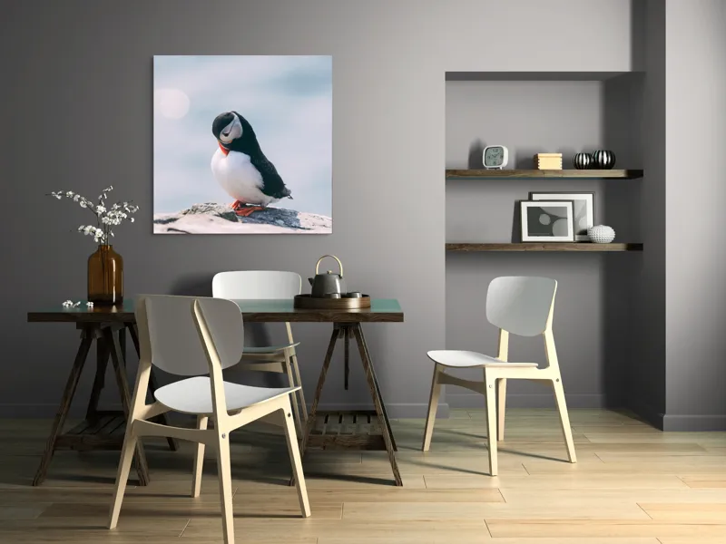 Tablou Canvas, "Un pinguin pe o stâncă rece", Pinguin, Ocean, Rocă, Calm, Lumină, Pene, Colorat, Contemplativ, Natură, Frumusețe, 100 x 100 cm – poza 6