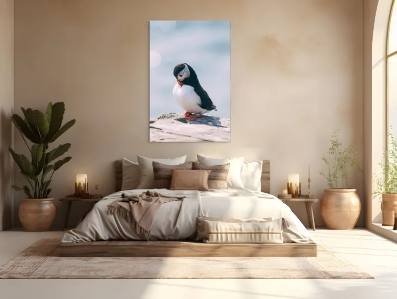 Tablou Canvas, "Un pinguin pe o stâncă rece", Pinguin, Ocean, Rocă, Calm, Lumină, Pene, Colorat, Contemplativ, Natură, Frumusețe, 100 x 150 cm – poza 3