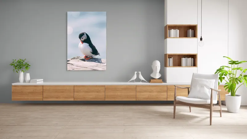 Tablou Canvas, "Un pinguin pe o stâncă rece", Pinguin, Ocean, Rocă, Calm, Lumină, Pene, Colorat, Contemplativ, Natură, Frumusețe, 100 x 150 cm – poza 8