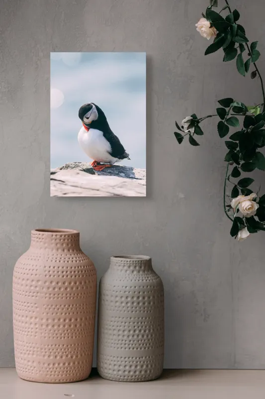 Tablou Canvas, "Un pinguin pe o stâncă rece", Pinguin, Ocean, Rocă, Calm, Lumină, Pene, Colorat, Contemplativ, Natură, Frumusețe, 26 x 39 cm – poza 6