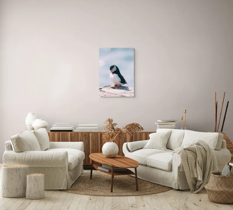 Tablou Canvas, "Un pinguin pe o stâncă rece", Pinguin, Ocean, Rocă, Calm, Lumină, Pene, Colorat, Contemplativ, Natură, Frumusețe, 50 x 70 cm – poza 4