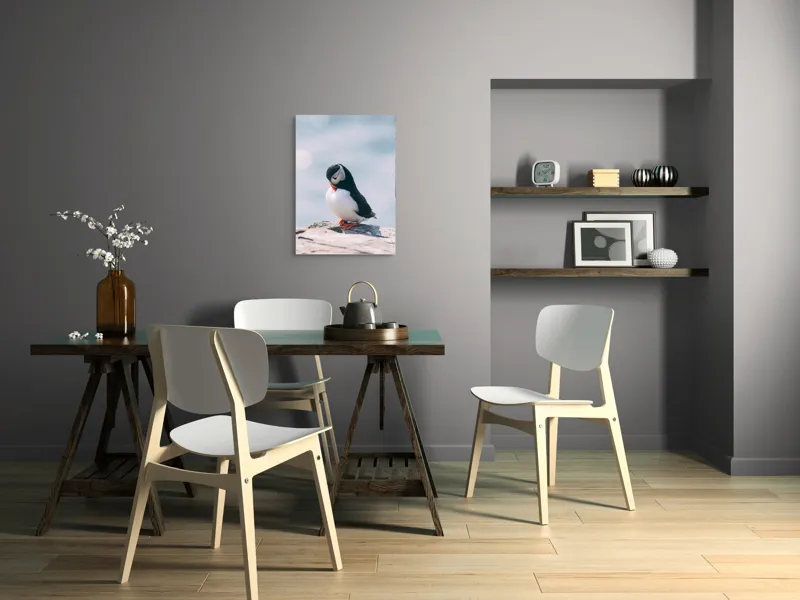 Tablou Canvas, "Un pinguin pe o stâncă rece", Pinguin, Ocean, Rocă, Calm, Lumină, Pene, Colorat, Contemplativ, Natură, Frumusețe, 50 x 70 cm – poza 5