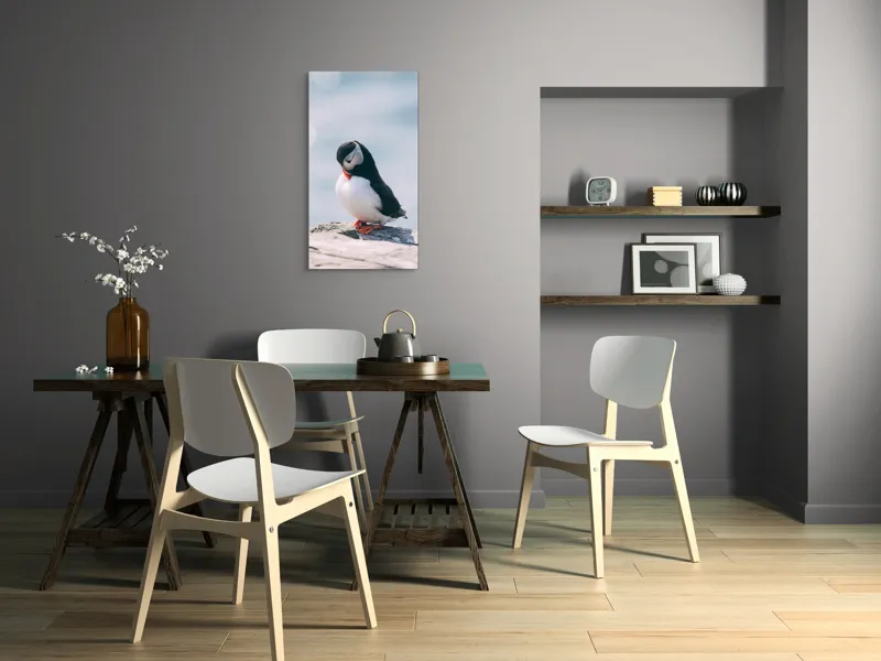 Tablou Canvas, "Un pinguin pe o stâncă rece", Pinguin, Ocean, Rocă, Calm, Lumină, Pene, Colorat, Contemplativ, Natură, Frumusețe, 50 x 90 cm – poza 4
