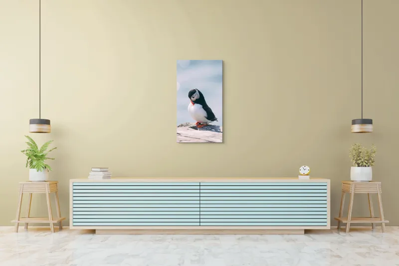 Tablou Canvas, "Un pinguin pe o stâncă rece", Pinguin, Ocean, Rocă, Calm, Lumină, Pene, Colorat, Contemplativ, Natură, Frumusețe, 50 x 90 cm – poza 6