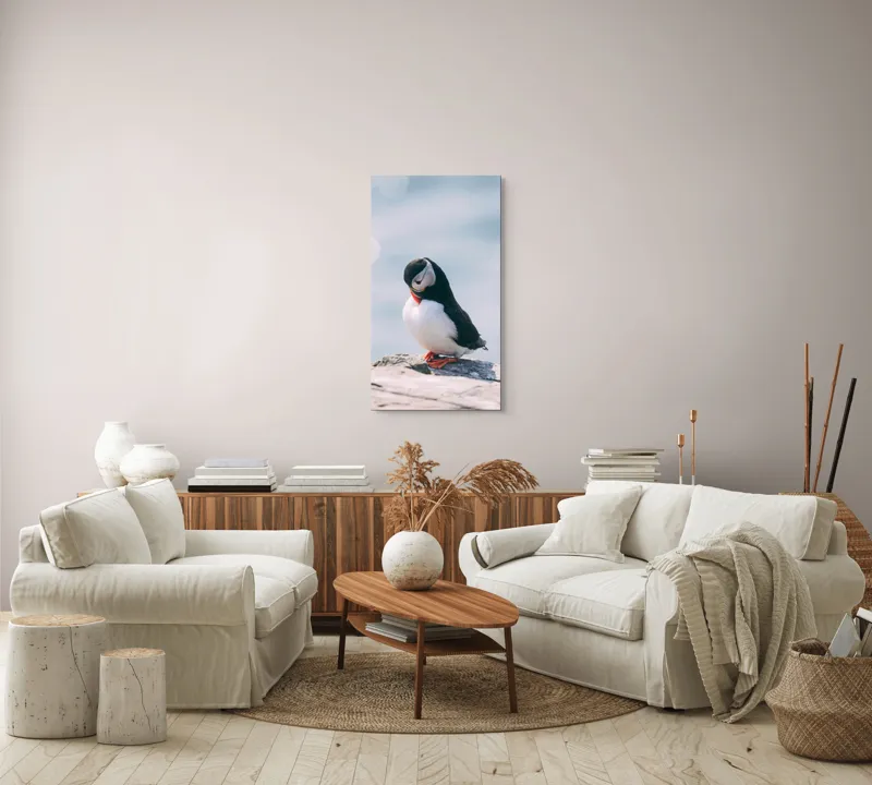 Tablou Canvas, "Un pinguin pe o stâncă rece", Pinguin, Ocean, Rocă, Calm, Lumină, Pene, Colorat, Contemplativ, Natură, Frumusețe, 50 x 90 cm – poza 7