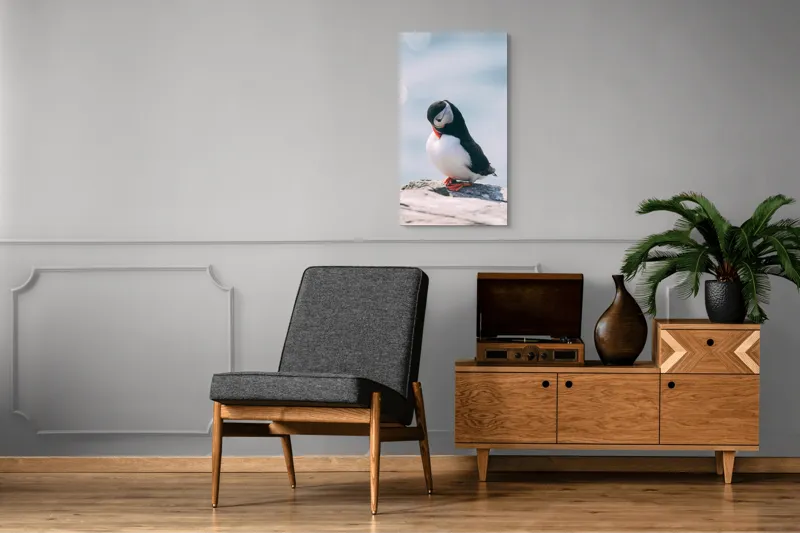 Tablou Canvas, "Un pinguin pe o stâncă rece", Pinguin, Ocean, Rocă, Calm, Lumină, Pene, Colorat, Contemplativ, Natură, Frumusețe, 50 x 90 cm – poza 8