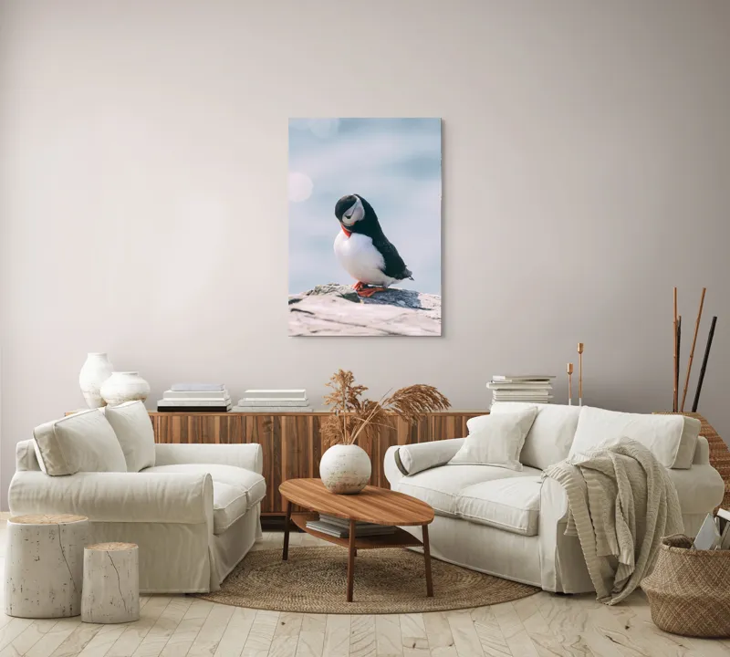 Tablou Canvas, "Un pinguin pe o stâncă rece", Pinguin, Ocean, Rocă, Calm, Lumină, Pene, Colorat, Contemplativ, Natură, Frumusețe, 70 x 100 cm – poza 4