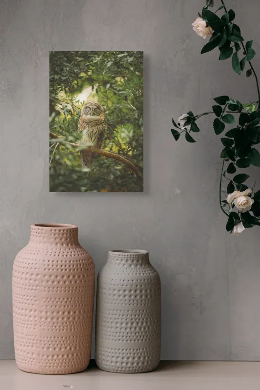 Tablou Canvas, "Bufniță în pădurea liniștită ", Bufniță, Frunziș, Somnoroasă, Crepuscul, Liniște, Natură, Ramură, Camuflaj, Pene, 26 x 39 cm – poza 6