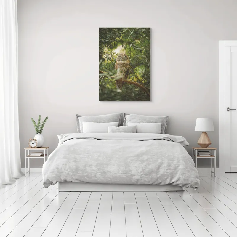 Tablou Canvas, "Bufniță în pădurea liniștită ", Bufniță, Frunziș, Somnoroasă, Crepuscul, Liniște, Natură, Ramură, Camuflaj, Pene, 70 x 100 cm – poza 3