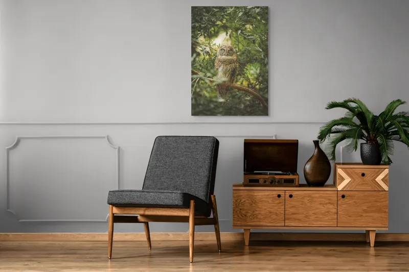 Tablou Canvas, "Bufniță în pădurea liniștită ", Bufniță, Frunziș, Somnoroasă, Crepuscul, Liniște, Natură, Ramură, Camuflaj, Pene, 70 x 100 cm – poza 6
