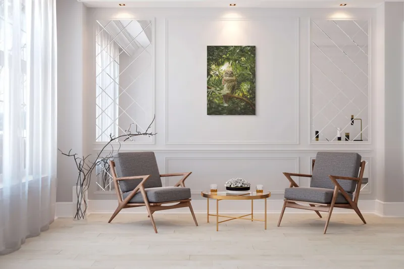 Tablou Canvas, "Bufniță în pădurea liniștită ", Bufniță, Frunziș, Somnoroasă, Crepuscul, Liniște, Natură, Ramură, Camuflaj, Pene, 70 x 100 cm – poza 8