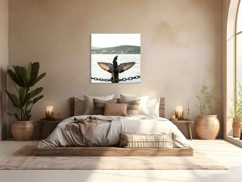 Tablou Canvas, "Porumbel la apus pe malul apei", Porumbel, Zbor, Lumină, Apus, Lac, Natură, Lanț, Tihnă, 100 x 100 cm – poza 4