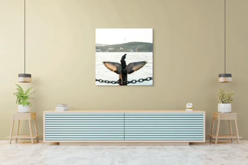 Tablou Canvas, "Porumbel la apus pe malul apei", Porumbel, Zbor, Lumină, Apus, Lac, Natură, Lanț, Tihnă, 100 x 100 cm – poza 5