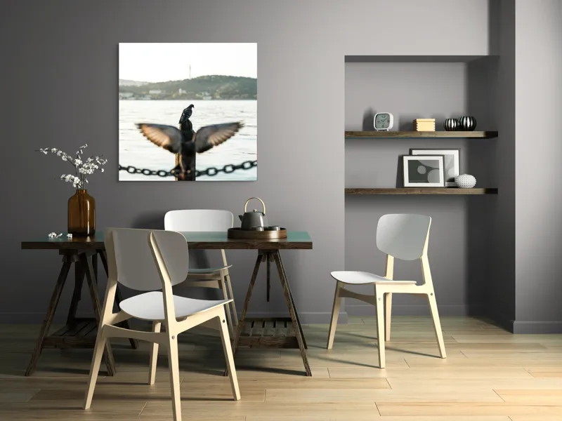 Tablou Canvas, "Porumbel la apus pe malul apei", Porumbel, Zbor, Lumină, Apus, Lac, Natură, Lanț, Tihnă, 100 x 100 cm – poza 6