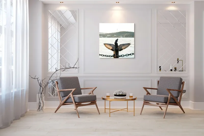 Tablou Canvas, "Porumbel la apus pe malul apei", Porumbel, Zbor, Lumină, Apus, Lac, Natură, Lanț, Tihnă, 100 x 100 cm – poza 7