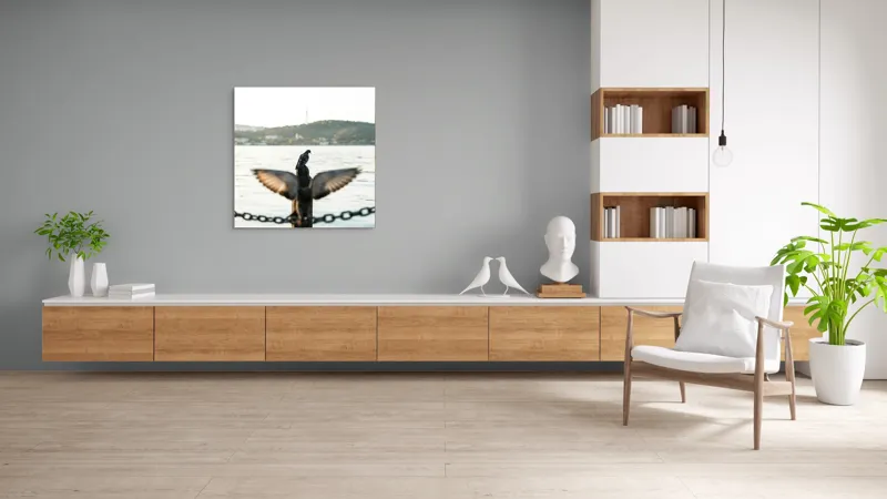 Tablou Canvas, "Porumbel la apus pe malul apei", Porumbel, Zbor, Lumină, Apus, Lac, Natură, Lanț, Tihnă, 100 x 100 cm – poza 8