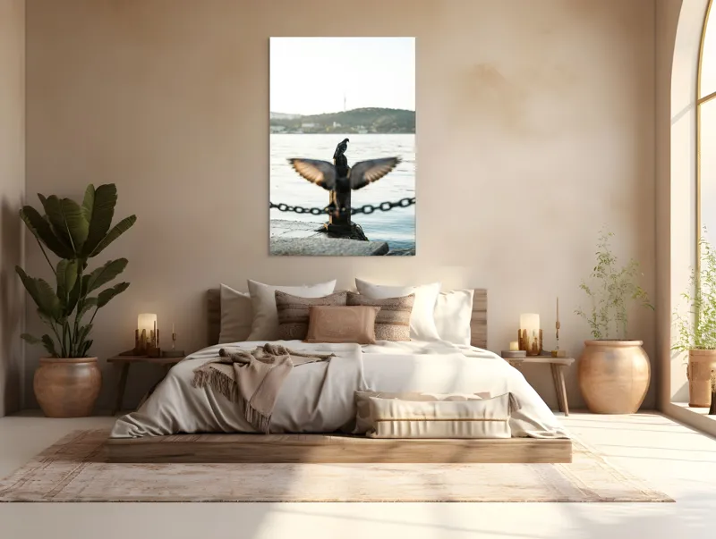 Tablou Canvas, "Porumbel la apus pe malul apei", Porumbel, Zbor, Lumină, Apus, Lac, Natură, Lanț, Tihnă, 100 x 150 cm – poza 3