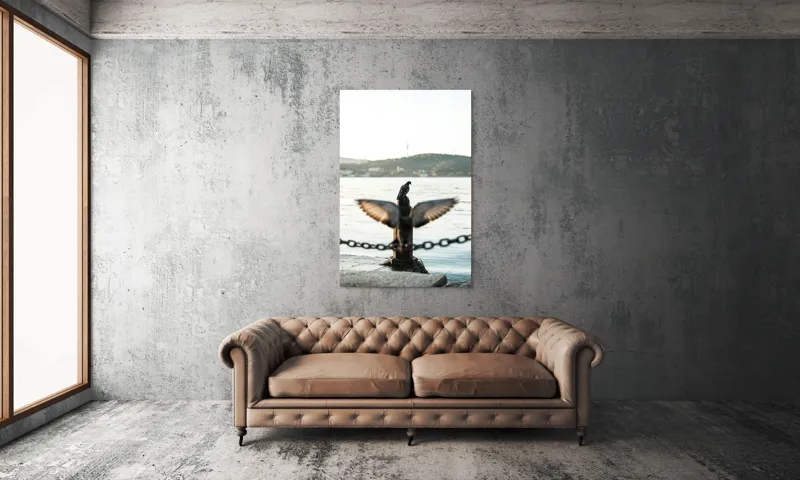Tablou Canvas, "Porumbel la apus pe malul apei", Porumbel, Zbor, Lumină, Apus, Lac, Natură, Lanț, Tihnă, 100 x 150 cm – poza 6