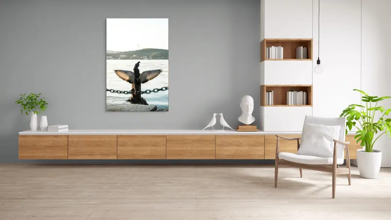 Tablou Canvas, "Porumbel la apus pe malul apei", Porumbel, Zbor, Lumină, Apus, Lac, Natură, Lanț, Tihnă, 100 x 150 cm – poza 8