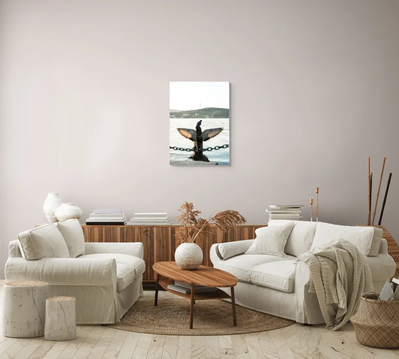Tablou Canvas, "Porumbel la apus pe malul apei", Porumbel, Zbor, Lumină, Apus, Lac, Natură, Lanț, Tihnă, 50 x 70 cm – poza 4