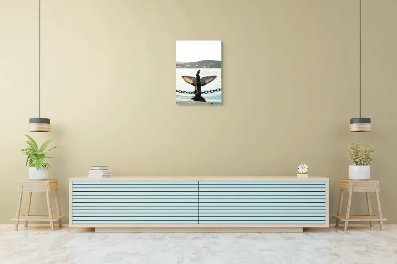 Tablou Canvas, "Porumbel la apus pe malul apei", Porumbel, Zbor, Lumină, Apus, Lac, Natură, Lanț, Tihnă, 50 x 70 cm – poza 6
