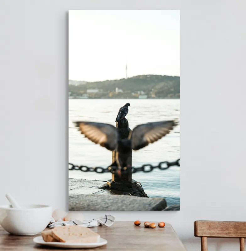 Tablou Canvas, "Porumbel la apus pe malul apei", Porumbel, Zbor, Lumină, Apus, Lac, Natură, Lanț, Tihnă, 50 x 90 cm – poza 3