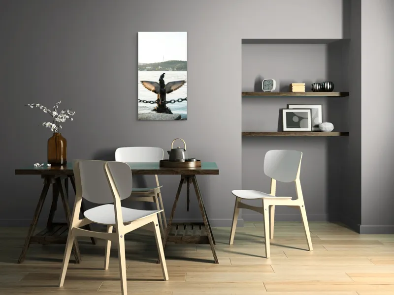 Tablou Canvas, "Porumbel la apus pe malul apei", Porumbel, Zbor, Lumină, Apus, Lac, Natură, Lanț, Tihnă, 50 x 90 cm – poza 4