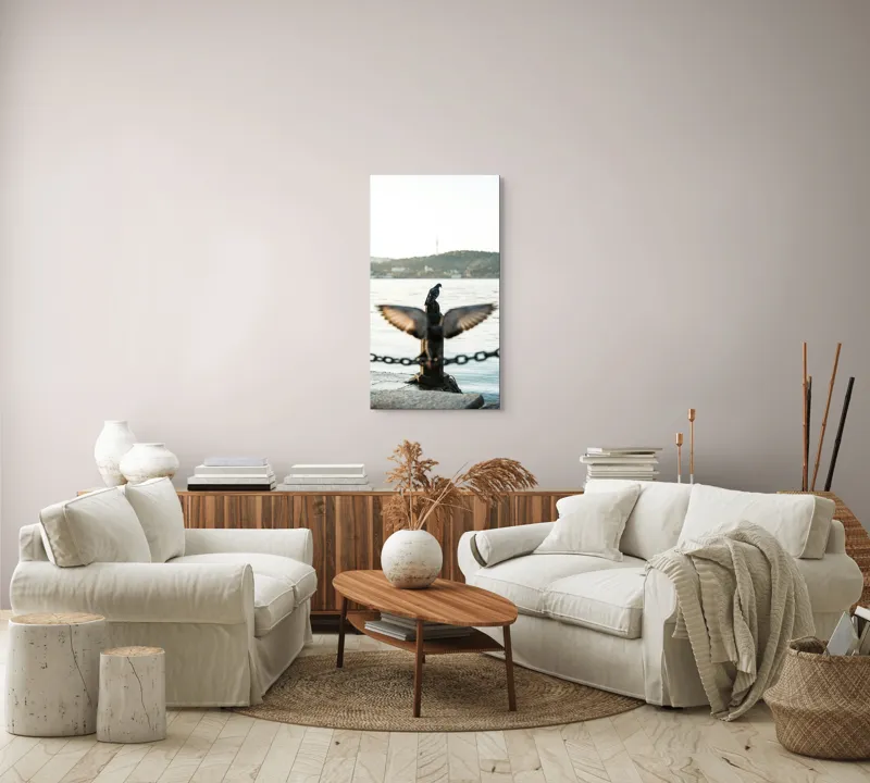 Tablou Canvas, "Porumbel la apus pe malul apei", Porumbel, Zbor, Lumină, Apus, Lac, Natură, Lanț, Tihnă, 50 x 90 cm – poza 7