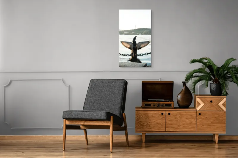 Tablou Canvas, "Porumbel la apus pe malul apei", Porumbel, Zbor, Lumină, Apus, Lac, Natură, Lanț, Tihnă, 50 x 90 cm – poza 8