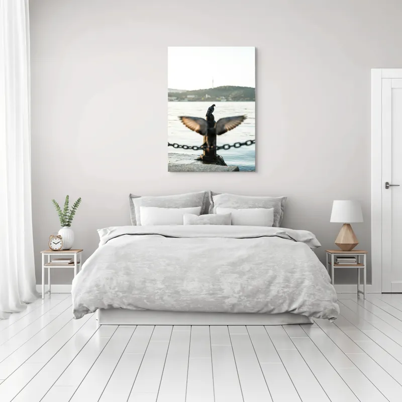 Tablou Canvas, "Porumbel la apus pe malul apei", Porumbel, Zbor, Lumină, Apus, Lac, Natură, Lanț, Tihnă, 70 x 100 cm – poza 3