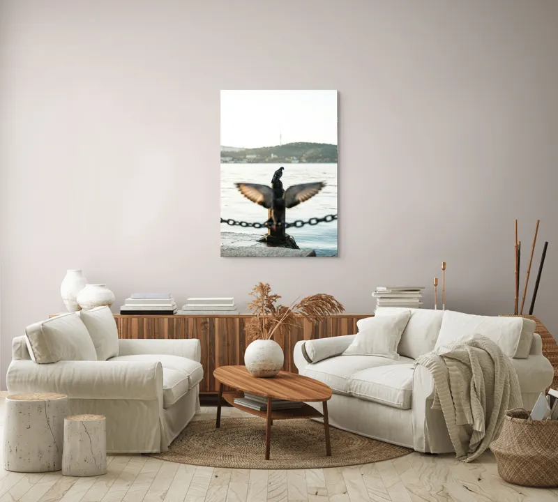 Tablou Canvas, "Porumbel la apus pe malul apei", Porumbel, Zbor, Lumină, Apus, Lac, Natură, Lanț, Tihnă, 70 x 100 cm – poza 4
