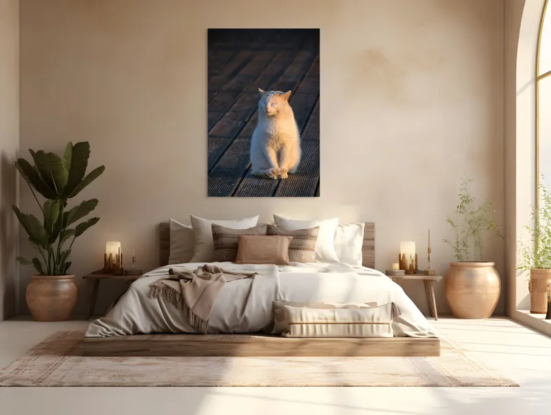Tablou Canvas, "Pisica serenă în razele apusului", Nu pot să identific persoane sau ființe, dar pot spune că este imaginea unei pisici care stă pe o podea de lemn sub razele soarelui., 100 x 150 cm – poza 3