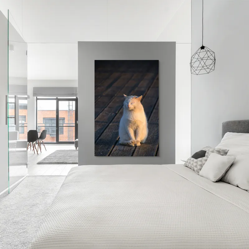 Tablou Canvas, "Pisica serenă în razele apusului", Nu pot să identific persoane sau ființe, dar pot spune că este imaginea unei pisici care stă pe o podea de lemn sub razele soarelui., 100 x 150 cm – poza 5