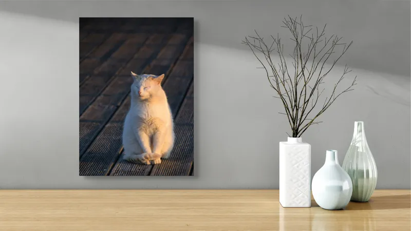 Tablou Canvas, "Pisica serenă în razele apusului", Nu pot să identific persoane sau ființe, dar pot spune că este imaginea unei pisici care stă pe o podea de lemn sub razele soarelui., 39 x 54 cm – poza 4