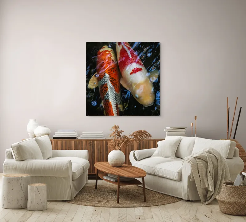 Tablou Canvas, "Dansul liniștit al peștilor koi", Pești, Apă, Culori, Reflecții, Natură, Liniște, Mișcare, Armonie, 100 x 100 cm – poza 3