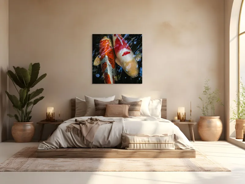Tablou Canvas, "Dansul liniștit al peștilor koi", Pești, Apă, Culori, Reflecții, Natură, Liniște, Mișcare, Armonie, 100 x 100 cm – poza 4