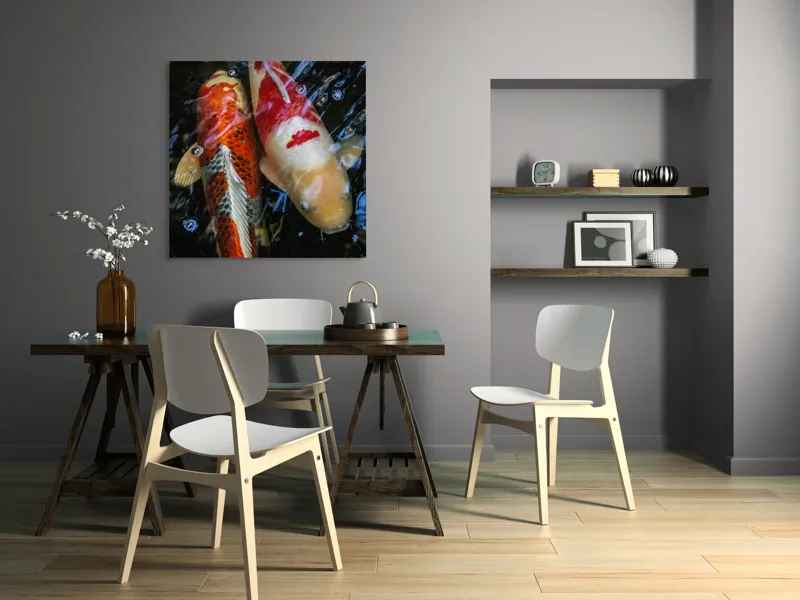 Tablou Canvas, "Dansul liniștit al peștilor koi", Pești, Apă, Culori, Reflecții, Natură, Liniște, Mișcare, Armonie, 100 x 100 cm – poza 6