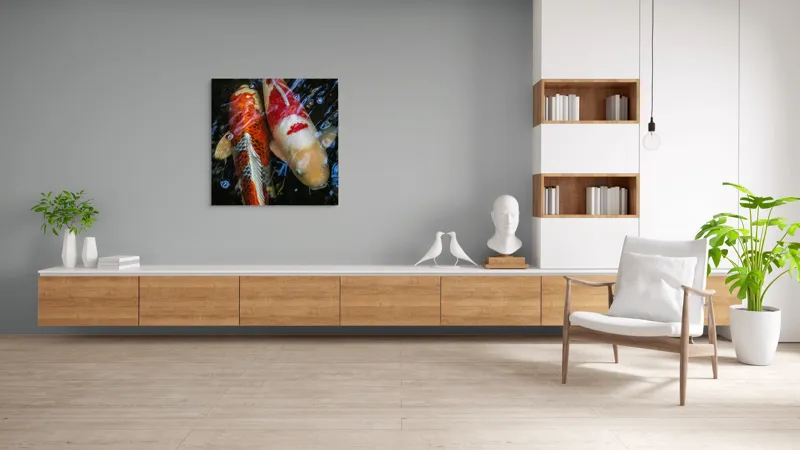 Tablou Canvas, "Dansul liniștit al peștilor koi", Pești, Apă, Culori, Reflecții, Natură, Liniște, Mișcare, Armonie, 100 x 100 cm – poza 8