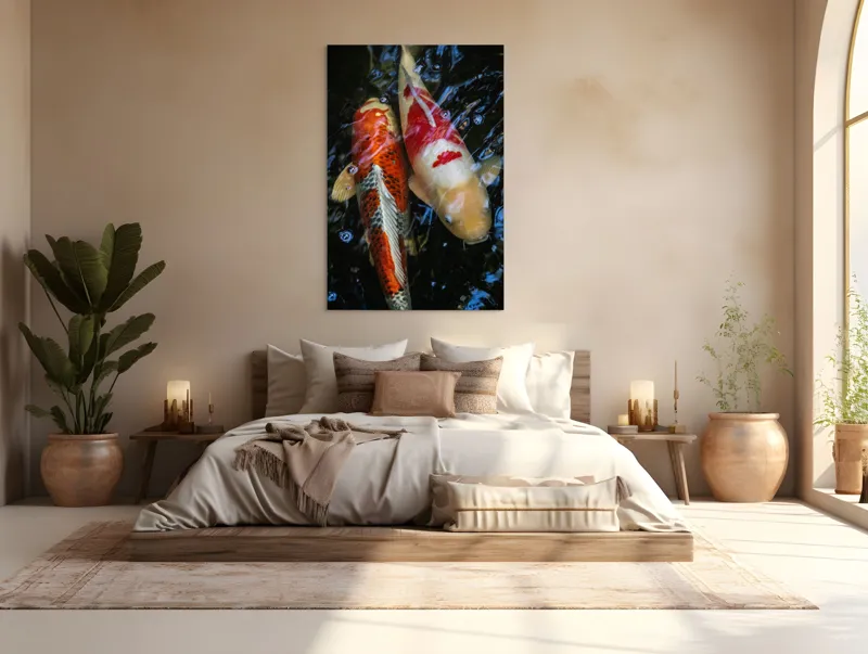 Tablou Canvas, "Dansul liniștit al peștilor koi", Pești, Apă, Culori, Reflecții, Natură, Liniște, Mișcare, Armonie, 100 x 150 cm – poza 3
