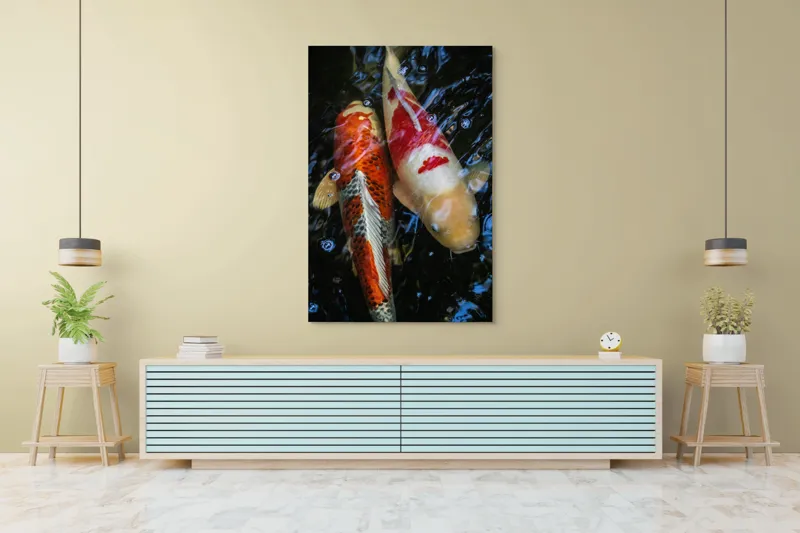 Tablou Canvas, "Dansul liniștit al peștilor koi", Pești, Apă, Culori, Reflecții, Natură, Liniște, Mișcare, Armonie, 100 x 150 cm – poza 4