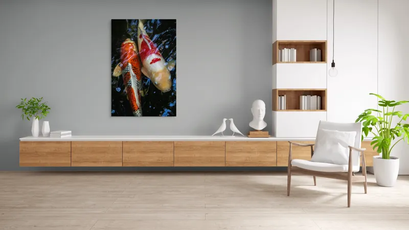 Tablou Canvas, "Dansul liniștit al peștilor koi", Pești, Apă, Culori, Reflecții, Natură, Liniște, Mișcare, Armonie, 100 x 150 cm – poza 8