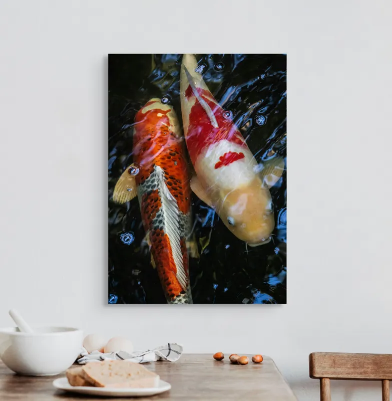 Tablou Canvas, "Dansul liniștit al peștilor koi", Pești, Apă, Culori, Reflecții, Natură, Liniște, Mișcare, Armonie, 50 x 70 cm – poza 3